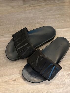 All Saints Black Embossed Logo Slide Sandals
